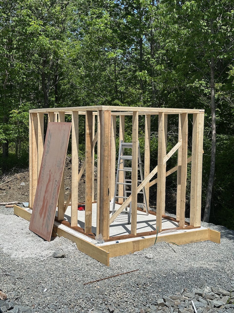 Walls squared, second top plate attached to connect all 4 walls together.